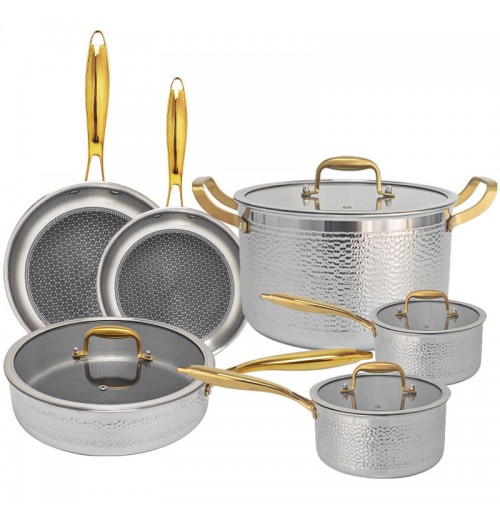 Wholesale and Retail 3Ply Hammered Stainless Steel Pot and Pan Non-stick Honeycomb Pan10Pcs Gold Stainless Steel Cookware Set Wholesale and Retail 3Ply Hammered Stainless Steel Pot and Pan Non-stick Honeycomb Pan10Pcs Gold Stainless Steel Cookware Set