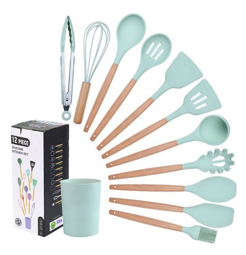 Wood Handle Silicone Kitchen Utensils Set with Wooden Spatula and Tongs Wood Handle Silicone Kitchen Utensils Set with Wooden Spatula and Tongs