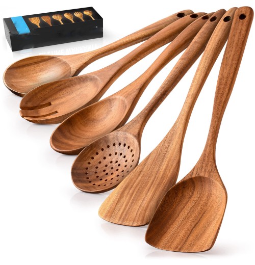Wooden Cooking Utensils 6-Piece Teak Wooden Utensils For Cooking Bamboo Spoons Sets Soft Comfortable Grip Wooden Utensil Set Wooden Cooking Utensils 6-Piece Teak Wooden Utensils For Cooking Bamboo Spoons Sets Soft Comfortable Grip Wooden Utensil Set