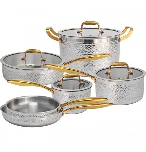 Wholesale and Retail 3 Ply Hammered Stainless Steel Pots and Pans induction pot 10Pcs Gold Stainless Steel Cookware Set Wholesale and Retail 3 Ply Hammered Stainless Steel Pots and Pans induction pot 10Pcs Gold Stainless Steel Cookware Set