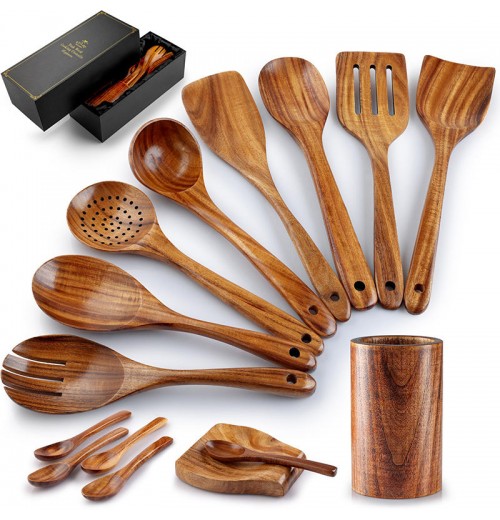High Quality 15 Piece Natural Teak Wooden Kitchen Utensil Set for Cooking with Customized Gift Box High Quality 15 Piece Natural Teak Wooden Kitchen Utensil Set for Cooking with Customized Gift Box