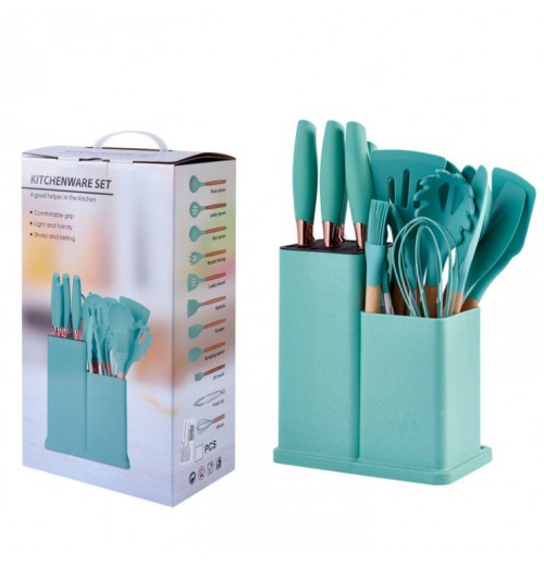 Mint 17 PCS Plastic Cooking Utensils with Holder Silicone Utensils Stainless Steel Kitchen Knives Mint 17 PCS Plastic Cooking Utensils with Holder Silicone Utensils Stainless Steel Kitchen Knives